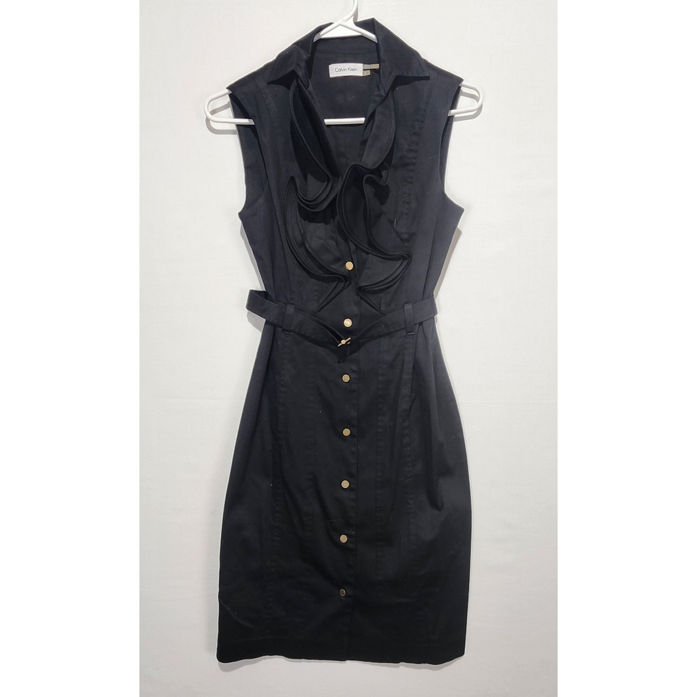 Calvin Klein Women's Elegant Classy Ruffle Front Black Dress Size 2